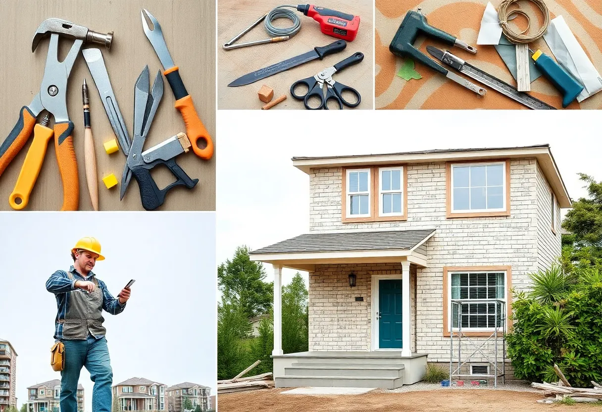 A collage of various home renovation activities with tools and construction workers.