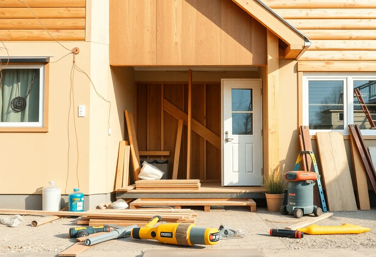 A home renovation scene depicting construction materials and tools for repairs