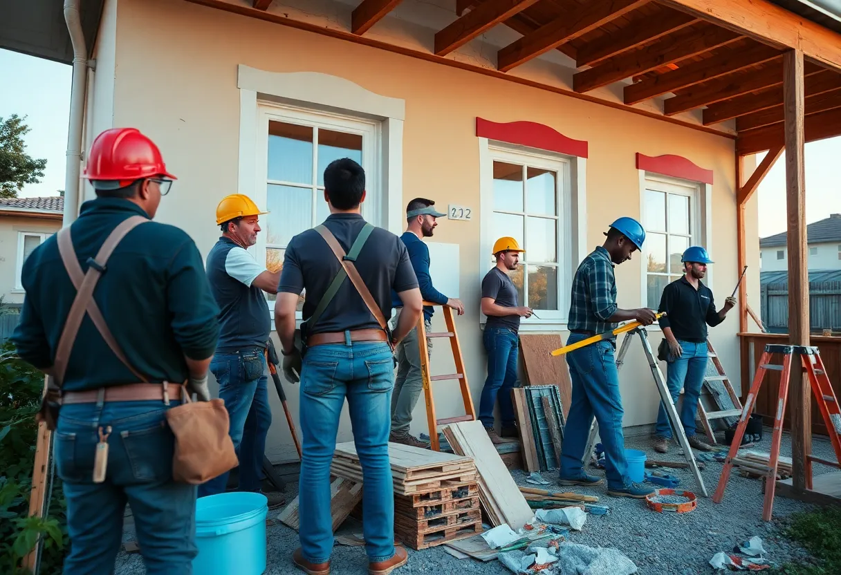 A team of workers renovating a house