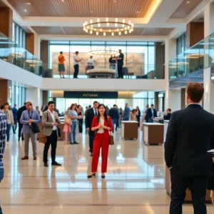 A vibrant hotel lobby capturing positive guest experiences and social media engagement.