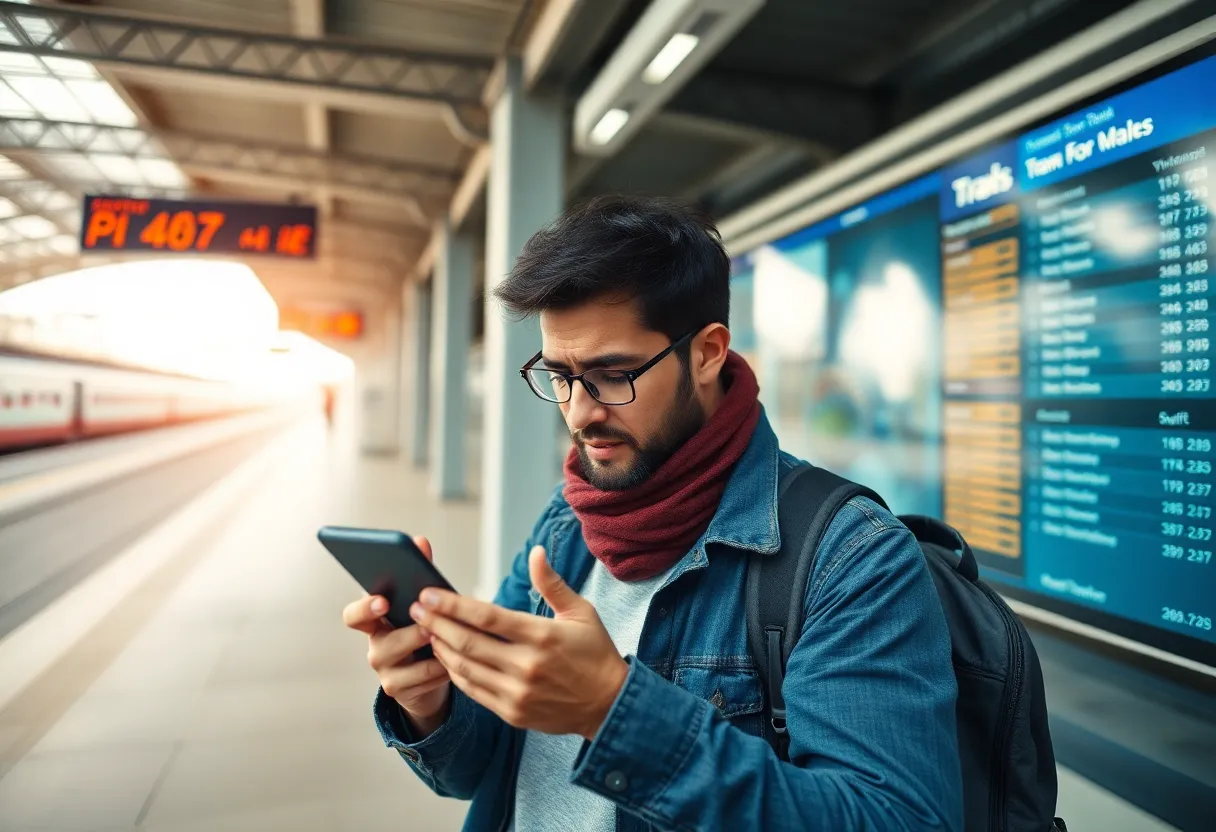 Traveler frustrated with IRCTC app outage at a railway station.