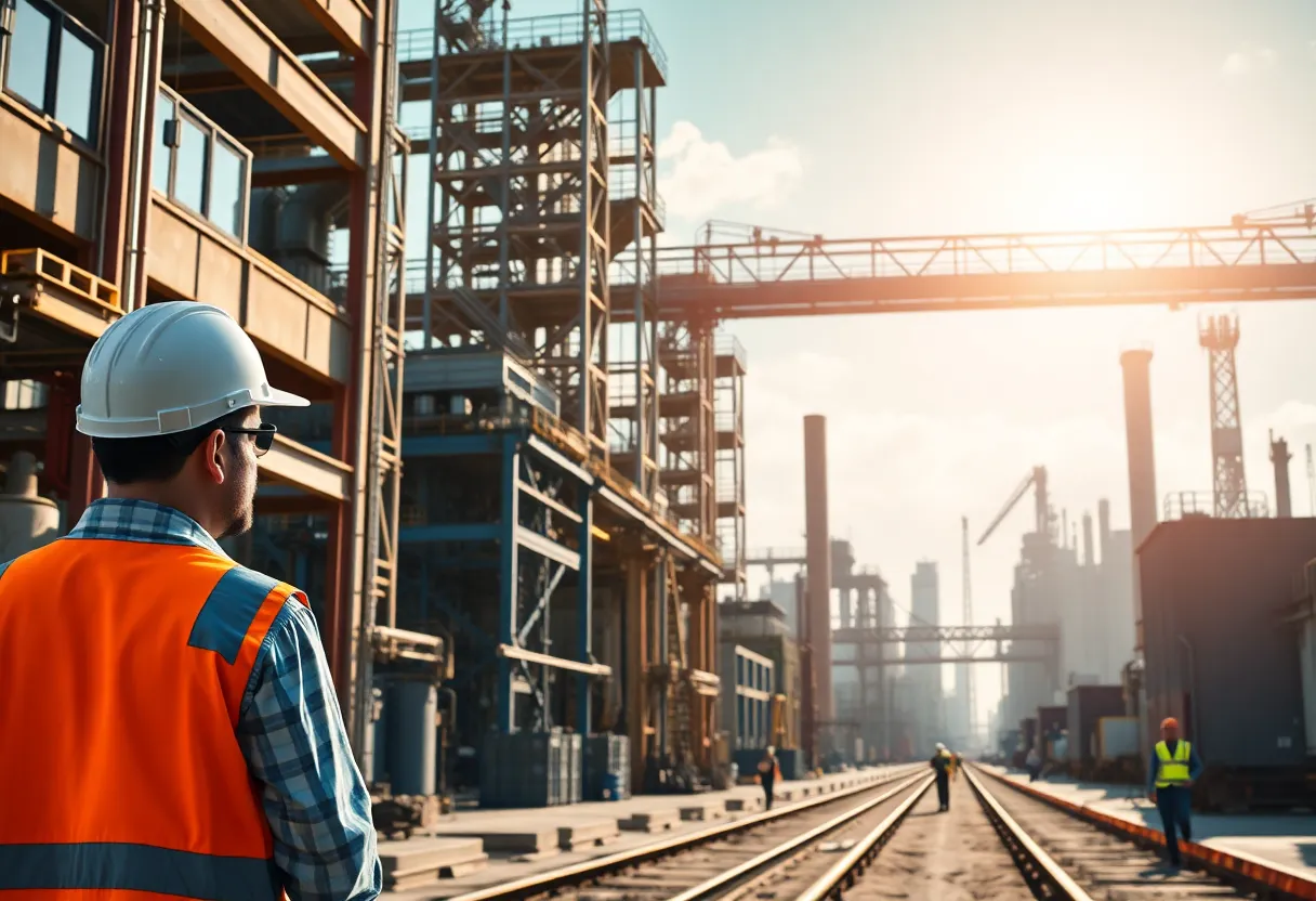 A busy manufacturing scene in Kalamazoo showing workers and industries.