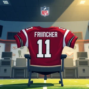 Illustration of an NFL team headquarters with an empty coaching chair and a quarterback's jersey, symbolizing uncertainty.