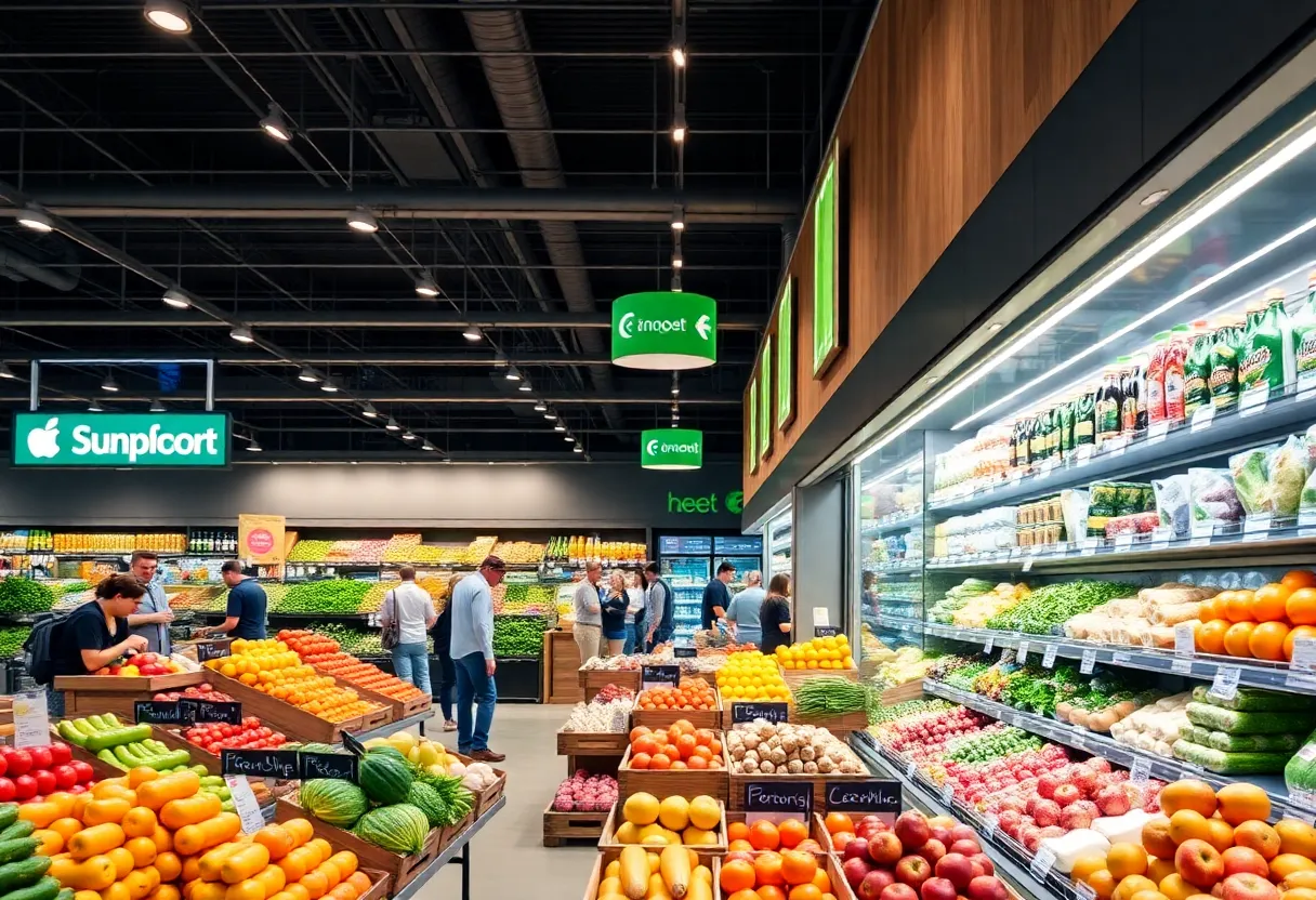 Interior view of a Kroger grocery store with fresh produce and shoppers.