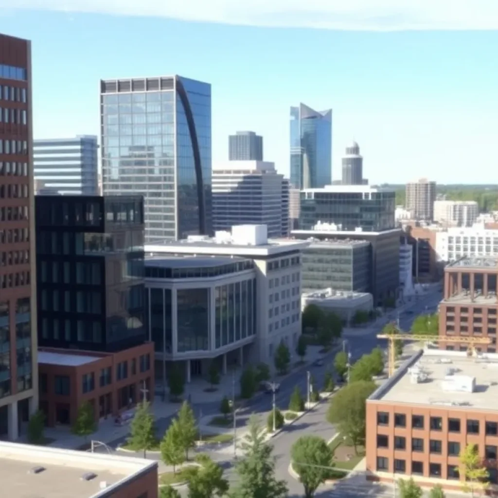 Cityscape of Lansing, Michigan with new construction projects visible.