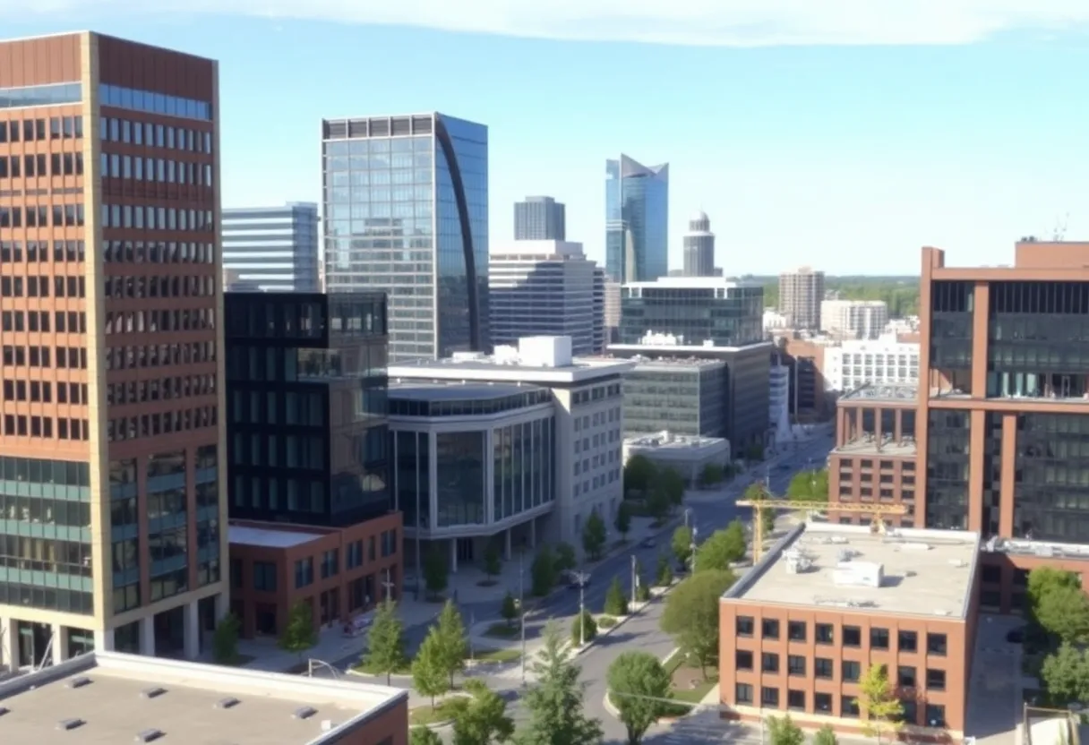 Cityscape of Lansing, Michigan with new construction projects visible.