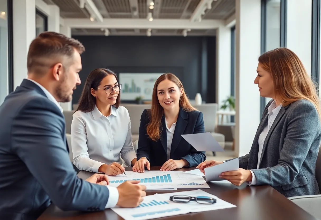 Legal marketing professionals discussing data strategy in an office