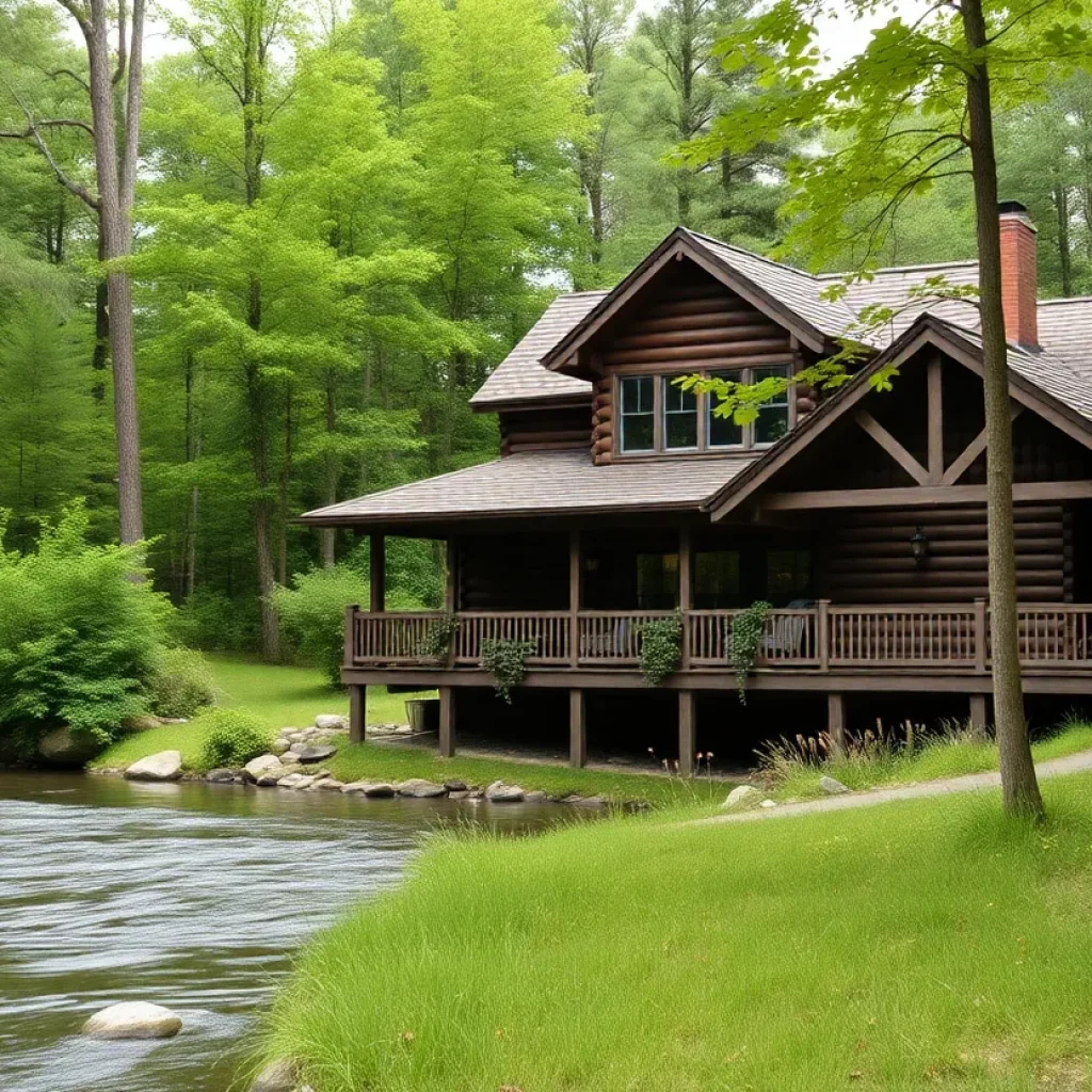 Stunning log home in McBain, Michigan, with lush surroundings and a river view.