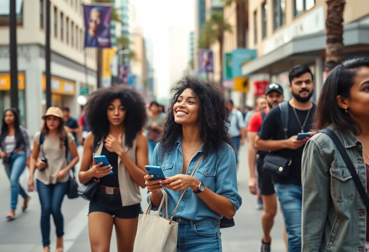 A lively street in Los Angeles highlighting influencer marketing activities