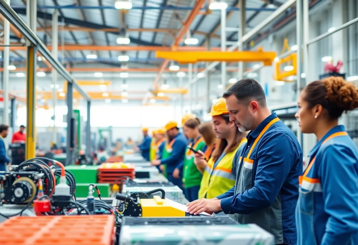 Workers at a manufacturing facility focused on sustainability