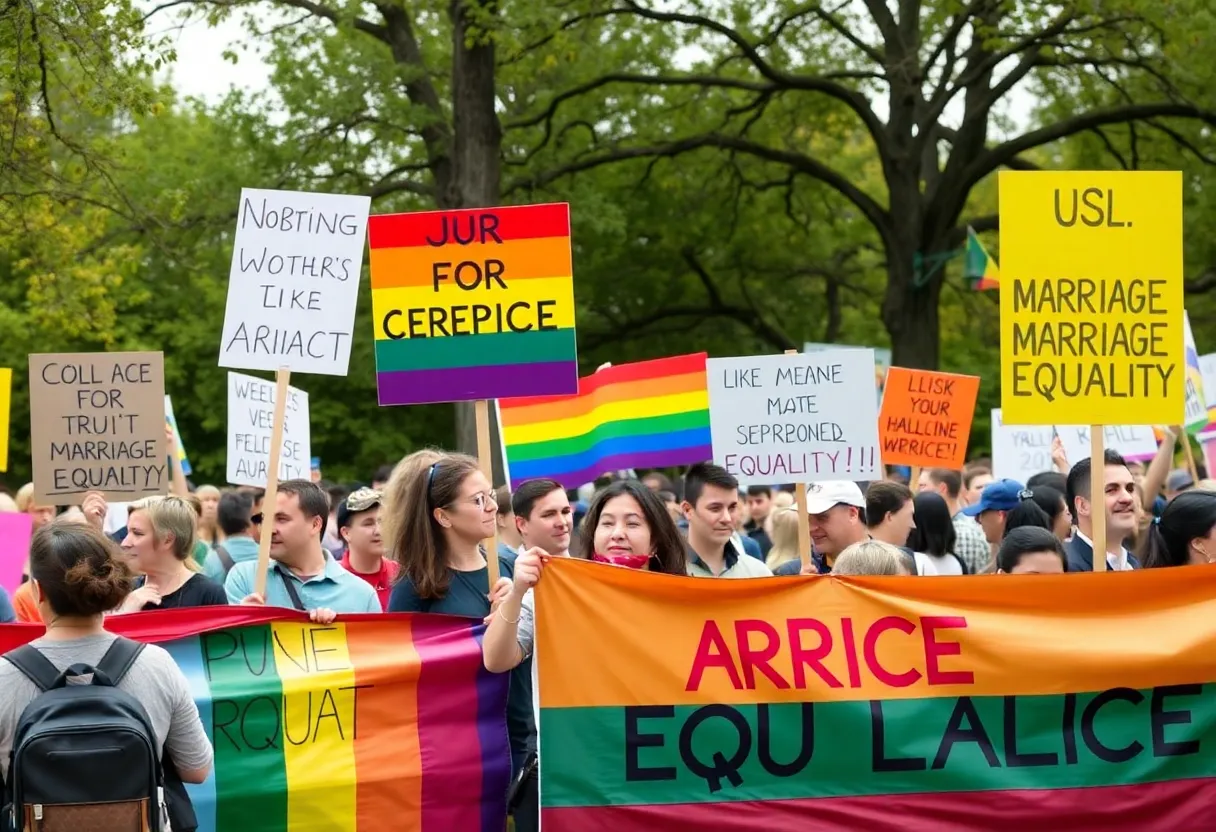 Rally advocating for marriage equality in Michigan with diverse participants.