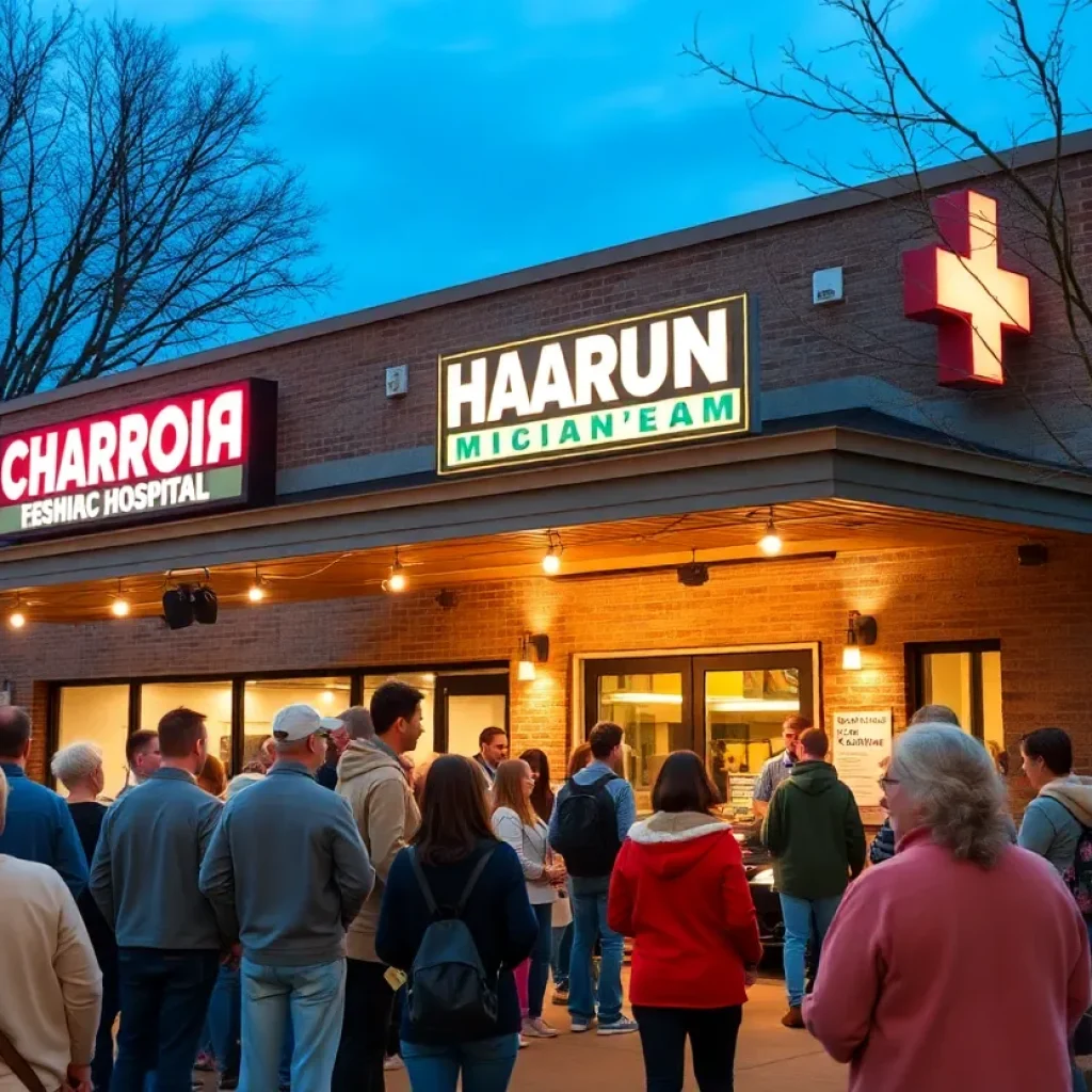 Exterior view of a restaurant and hospital in Rochester, Michigan during a measles outbreak alert.