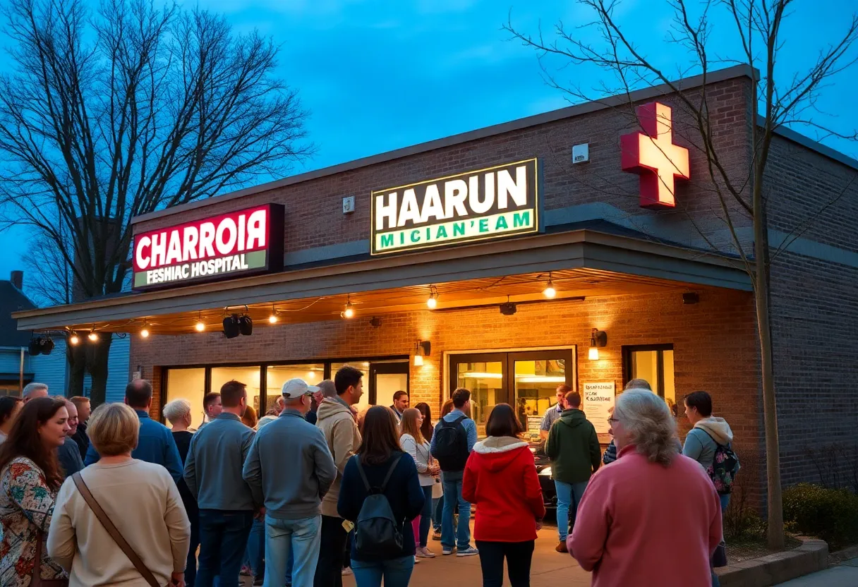 Exterior view of a restaurant and hospital in Rochester, Michigan during a measles outbreak alert.