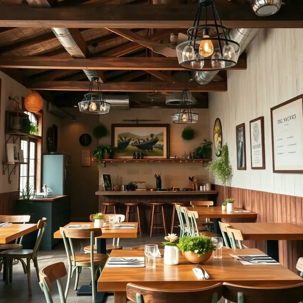 Interior view of MI Table restaurant with rustic decor and local produce