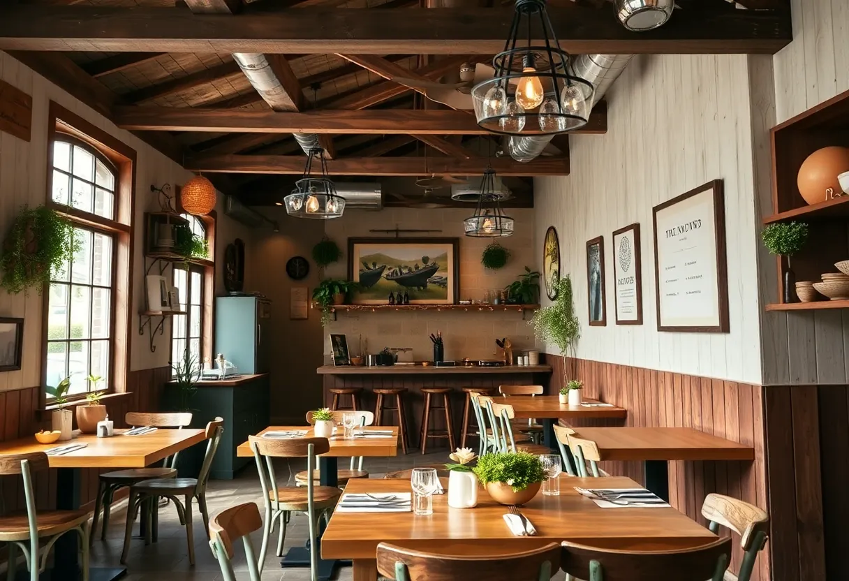 Interior view of MI Table restaurant with rustic decor and local produce