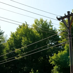 Power lines in Michigan with trees around them