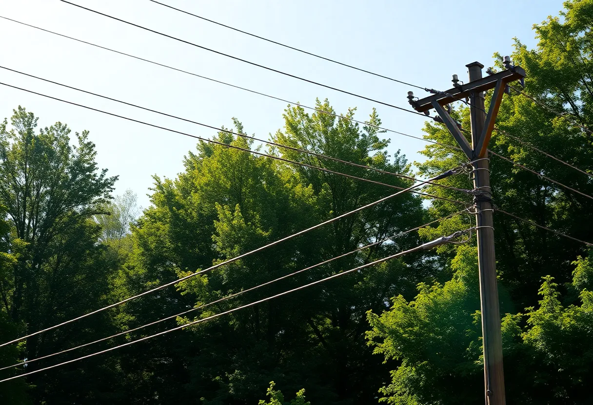 Power lines in Michigan with trees around them