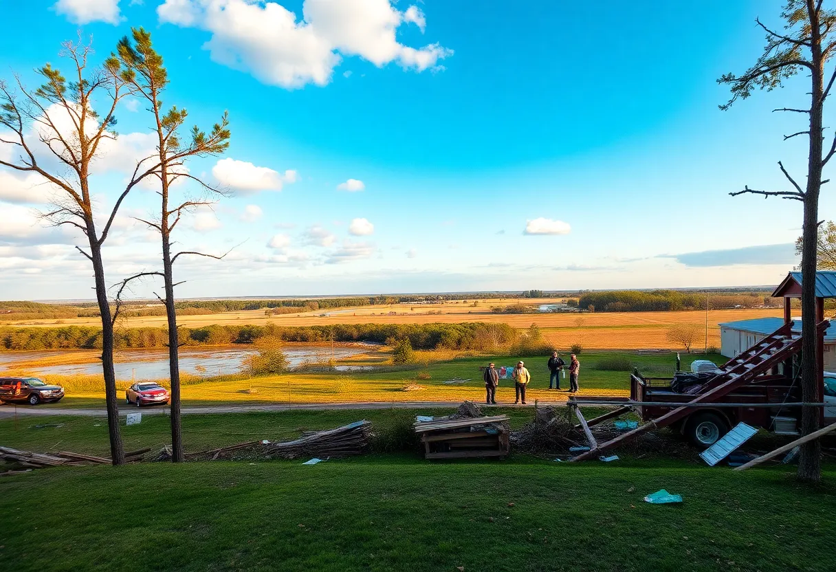 Michigan landscape with emergency responders amid disaster damage