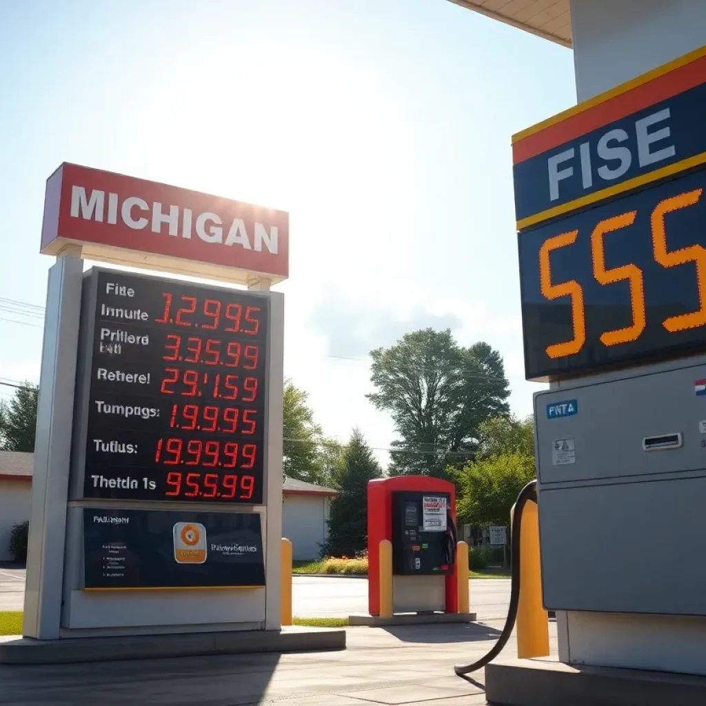 Gas station in Michigan with current fuel prices displayed