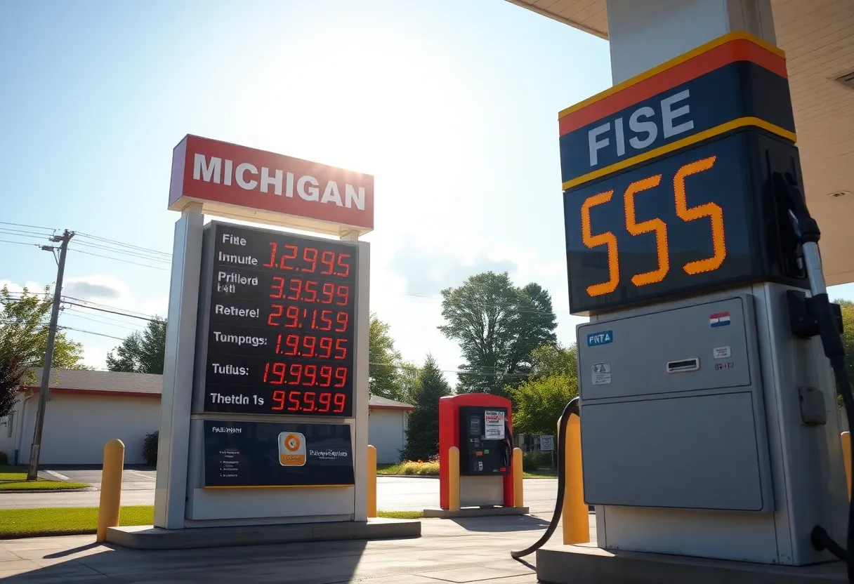 Gas station in Michigan with current fuel prices displayed