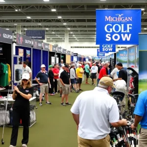 Visitors enjoying the Michigan Golf Show with various vendor displays and golf equipment