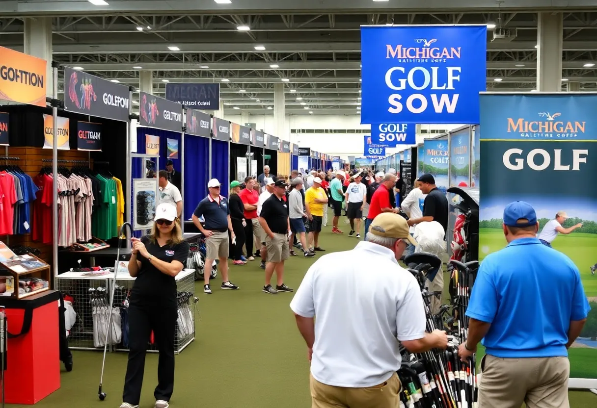 Visitors enjoying the Michigan Golf Show with various vendor displays and golf equipment