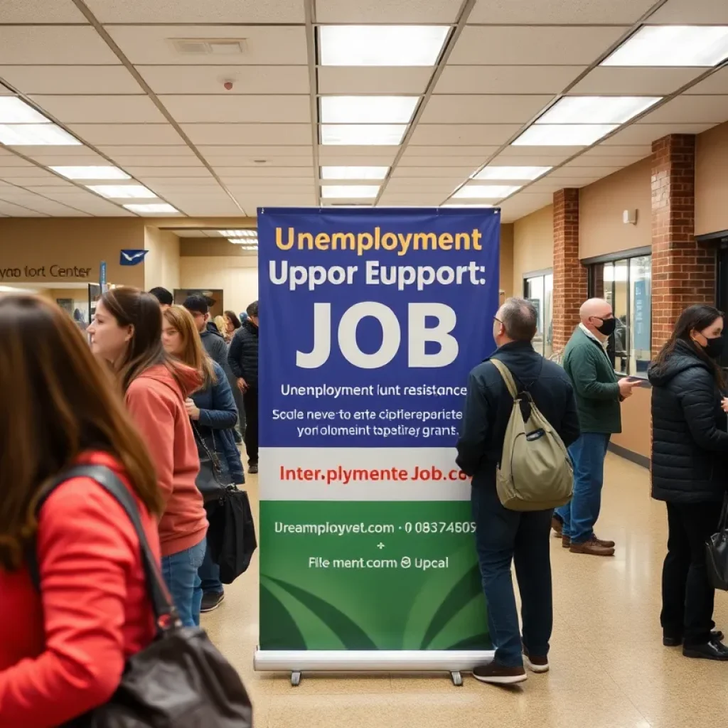 A Michigan job center filled with individuals seeking help for unemployment resources.