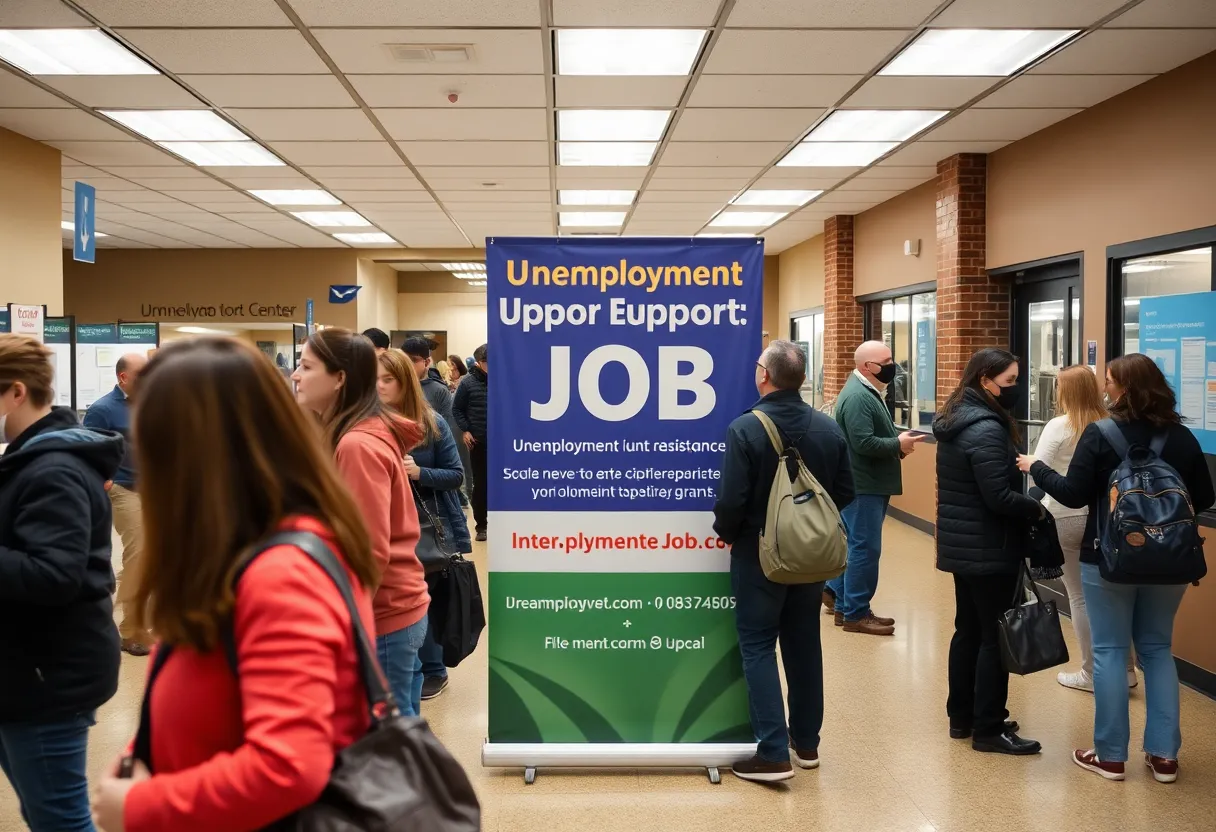 A Michigan job center filled with individuals seeking help for unemployment resources.