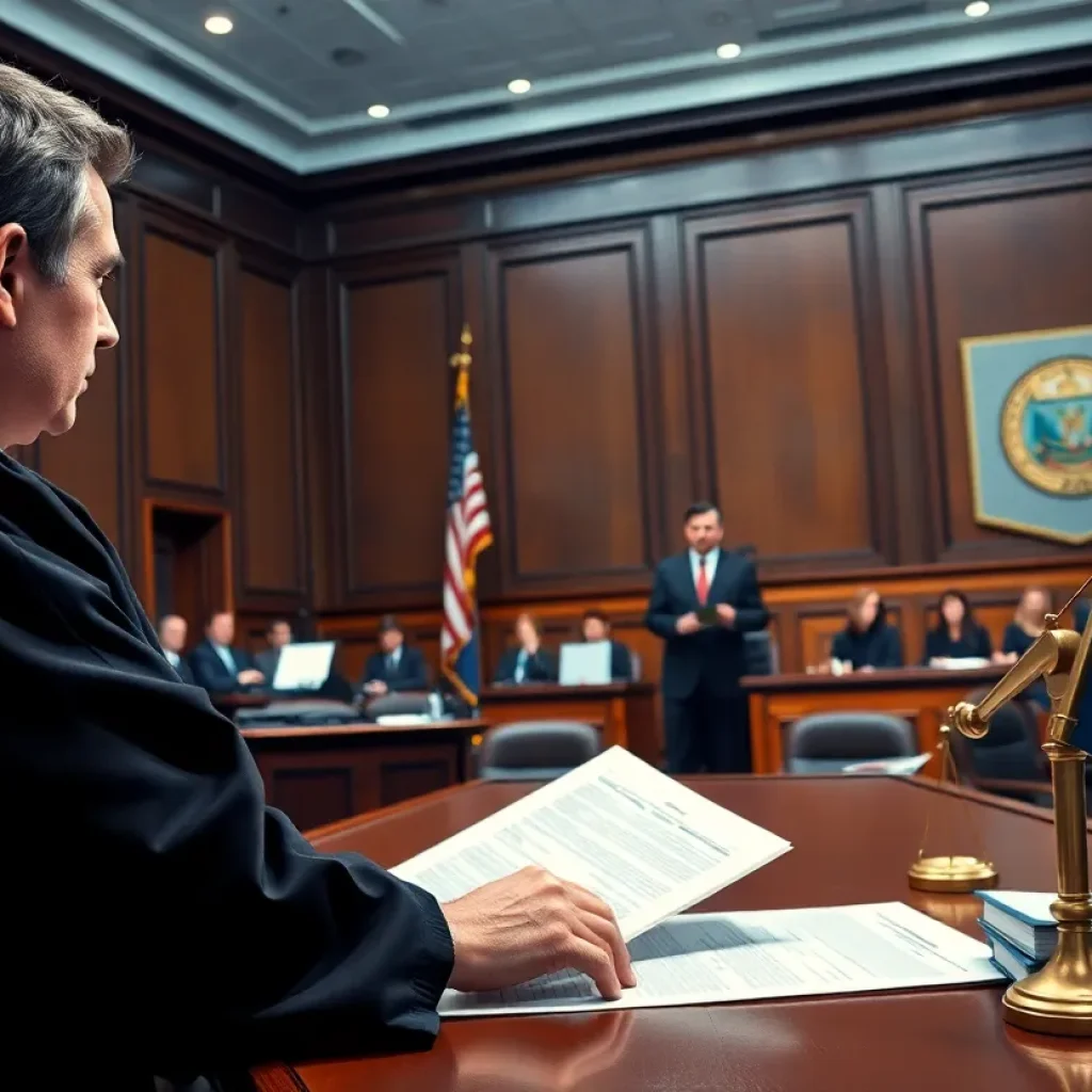 Courtroom depicting a judge and legislative documents related to a political standoff.