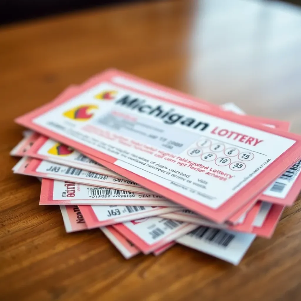 A variety of Michigan Lottery tickets on a table.