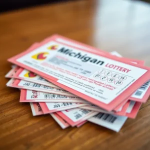 A variety of Michigan Lottery tickets on a table.