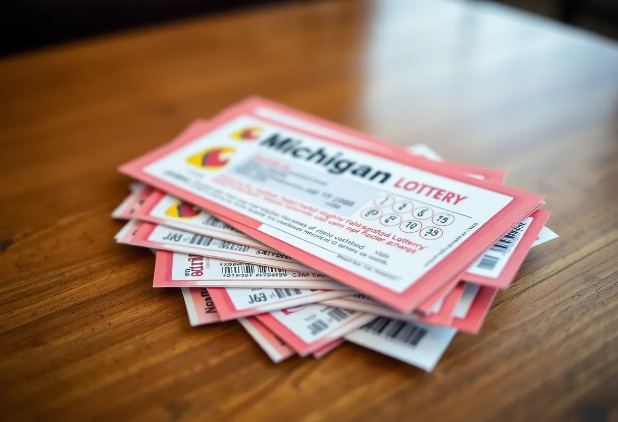 A variety of Michigan Lottery tickets on a table.