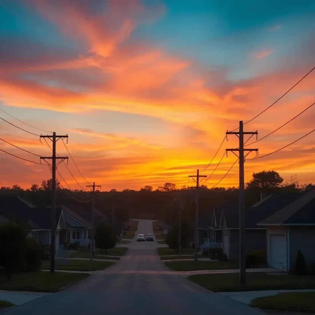 Power lines in a Michigan neighborhood at sunset, representing electricity rate hikes.