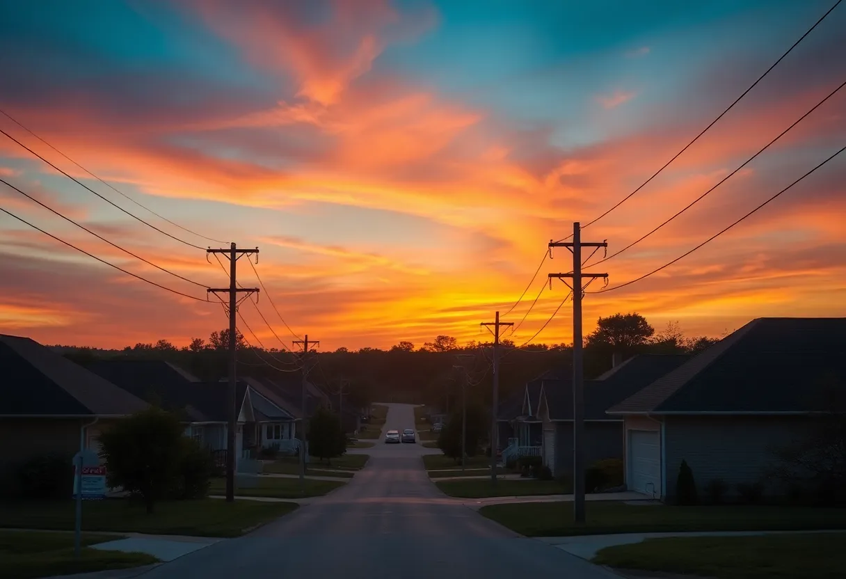 Power lines in a Michigan neighborhood at sunset, representing electricity rate hikes.