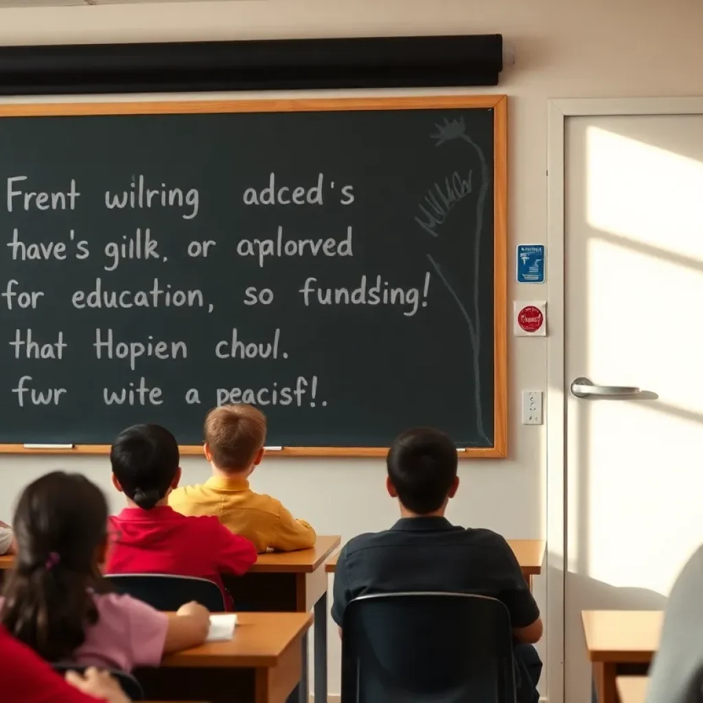 Students in a classroom expressing concern about school funding