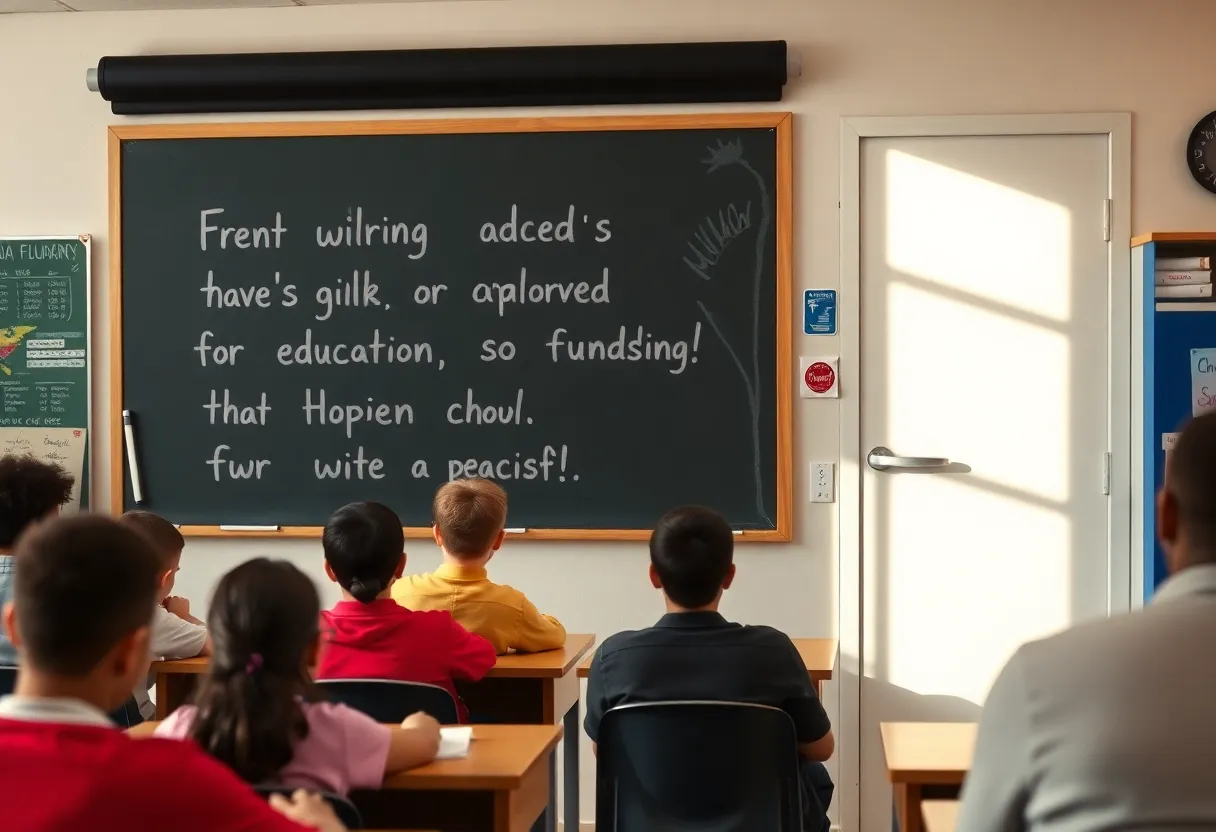 Students in a classroom expressing concern about school funding