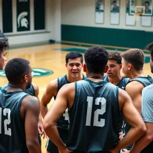 Michigan State basketball players strategizing during a game.