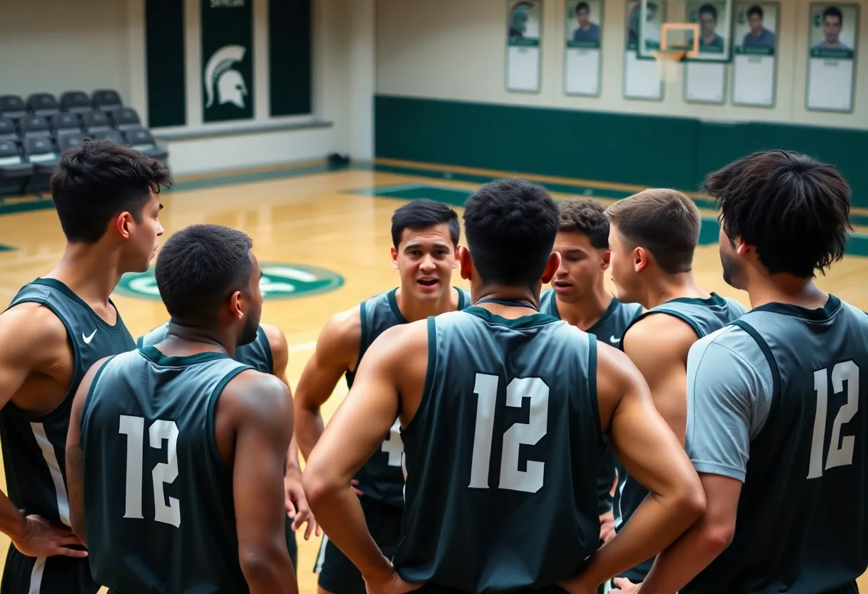 Michigan State basketball players strategizing during a game.