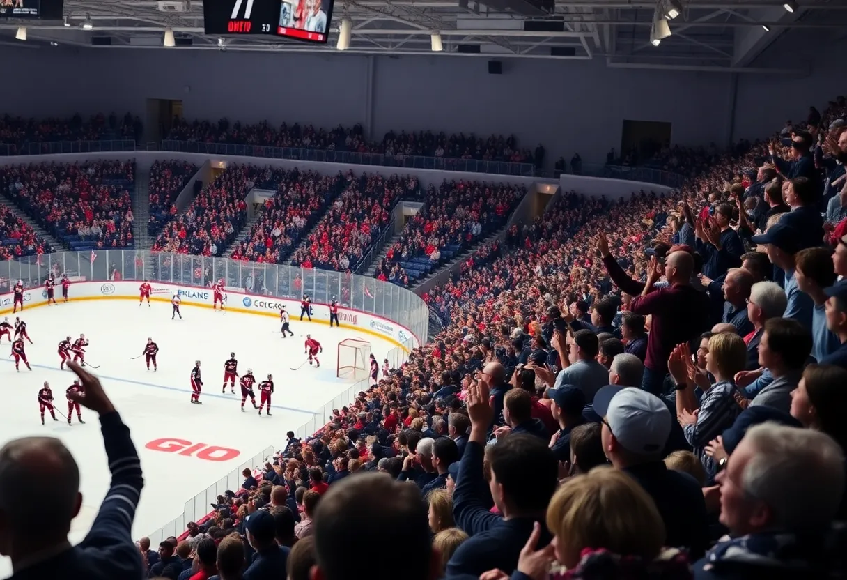 Fans celebrating during the Michigan State hockey game