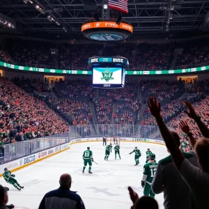 Fans and players celebrating Michigan State hockey's Big Ten title victory