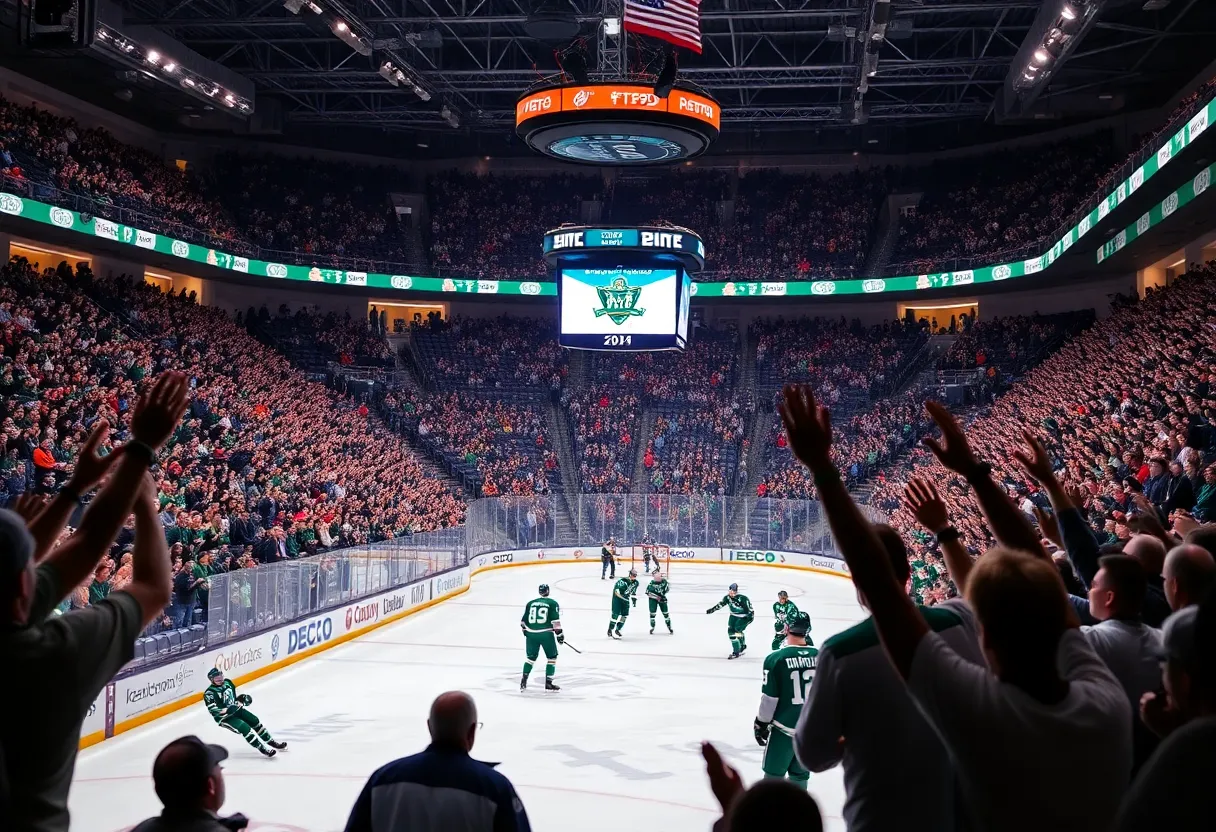 Fans and players celebrating Michigan State hockey's Big Ten title victory