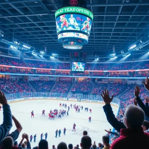 Fans cheering at a Michigan State Ice Hockey game