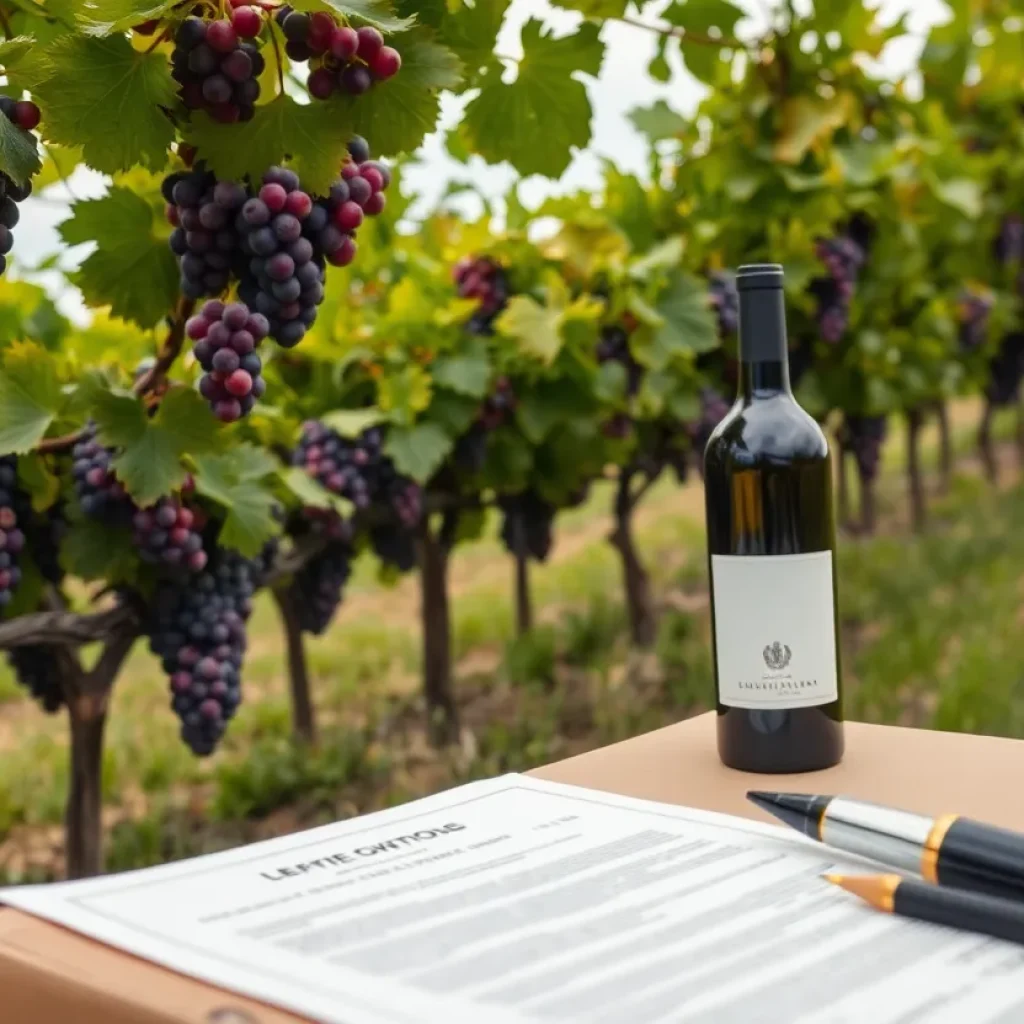 Vineyard in Michigan with wine bottles and legal documents