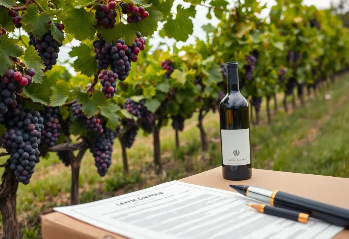 Vineyard in Michigan with wine bottles and legal documents