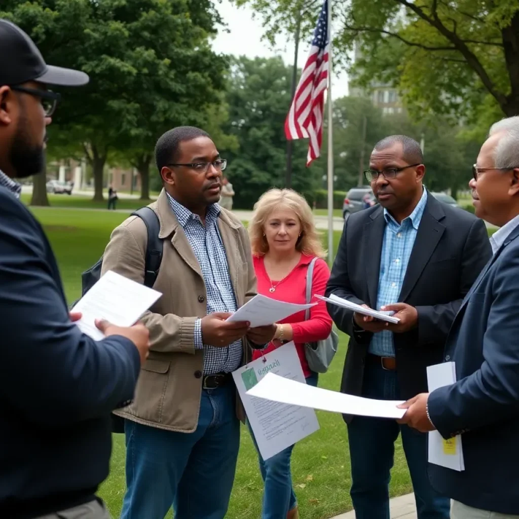 Citizens in Michigan discussing political opinions in a park