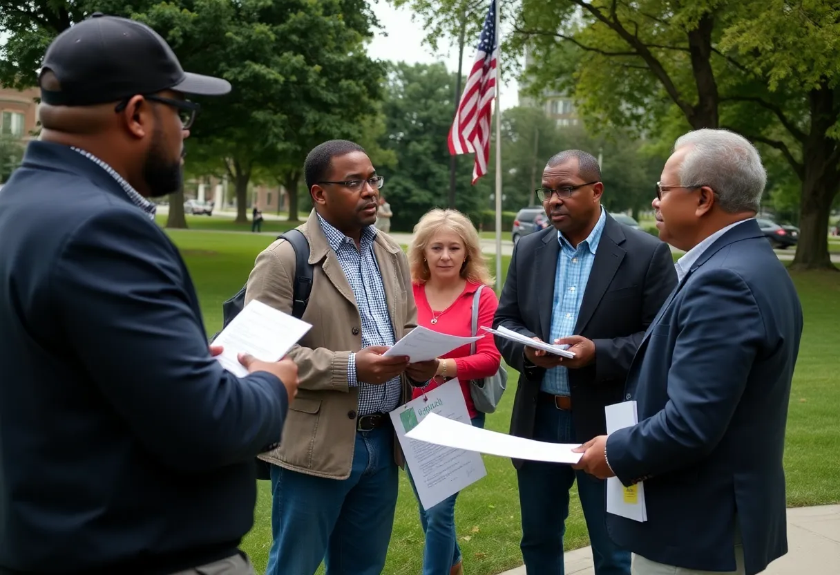 Citizens in Michigan discussing political opinions in a park