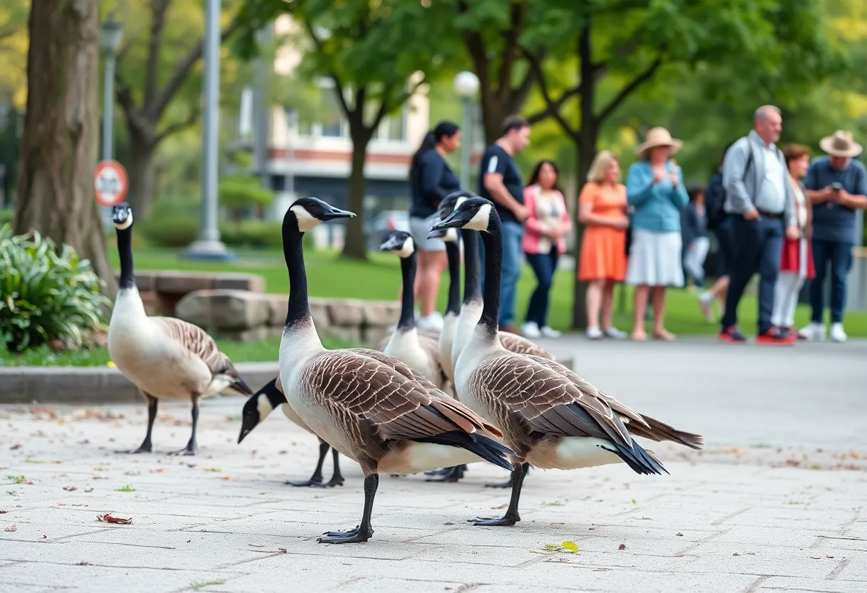 Canada geese in an urban park with families enjoying the outdoors.