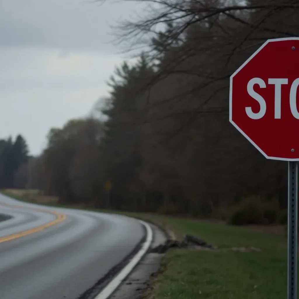 A rural road with a stop sign symbolizing elderly driving safety issues