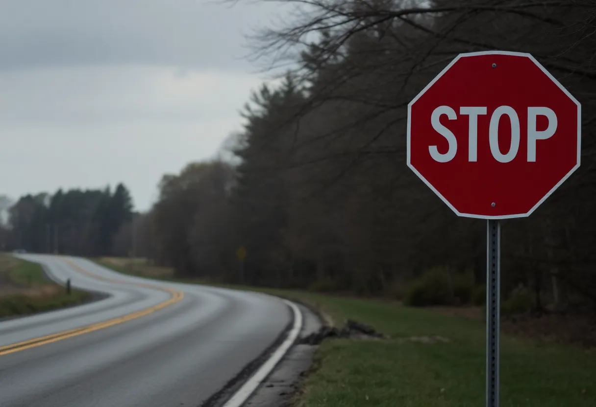 A rural road with a stop sign symbolizing elderly driving safety issues