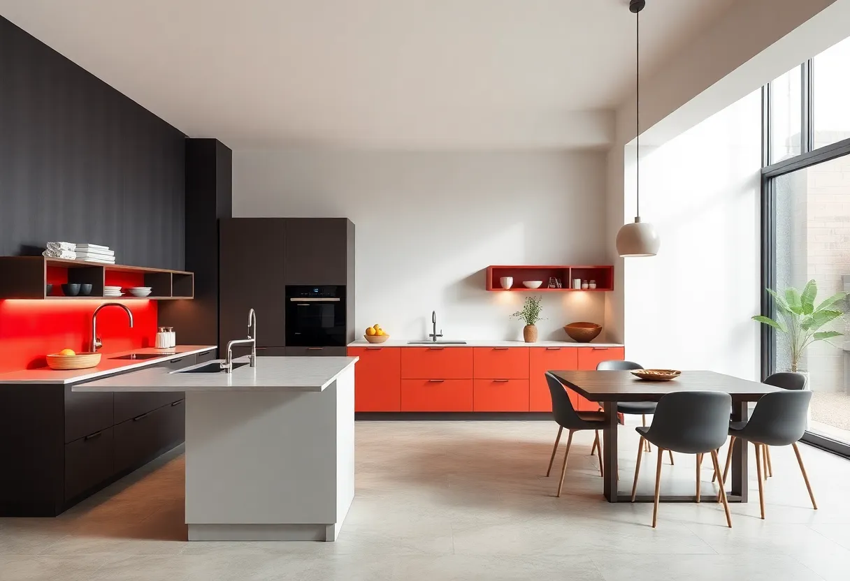 A bright and spacious modern kitchen with minimalist design and colorful accents.